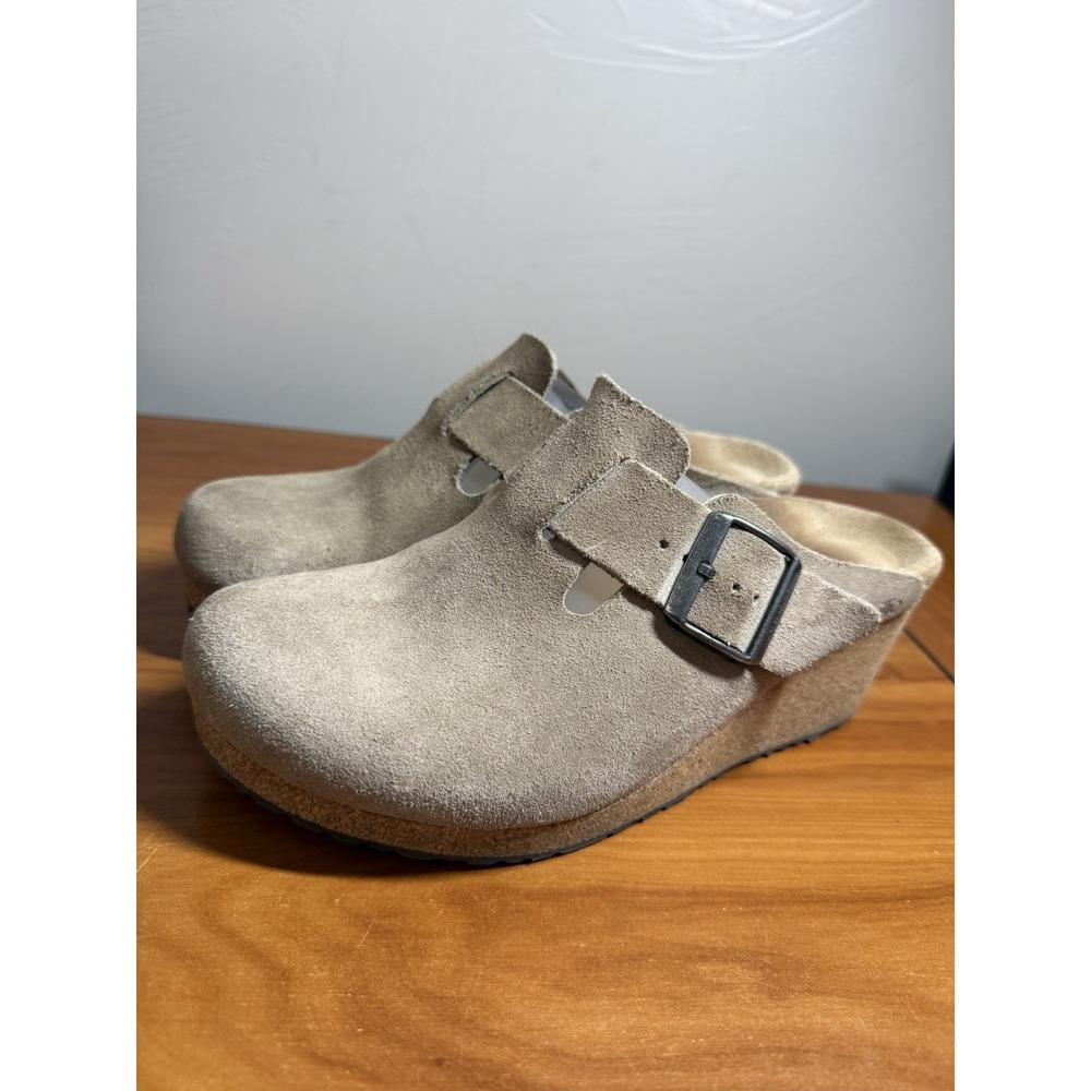 Birkenstock Papillio Fanny Wedge Suede Clogs Warm Sand EU 39